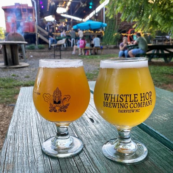 Two beers placed on a picnic table at Whistle Hop Brewing Two beers placed on a picnic table at Whistle Hop Brewing